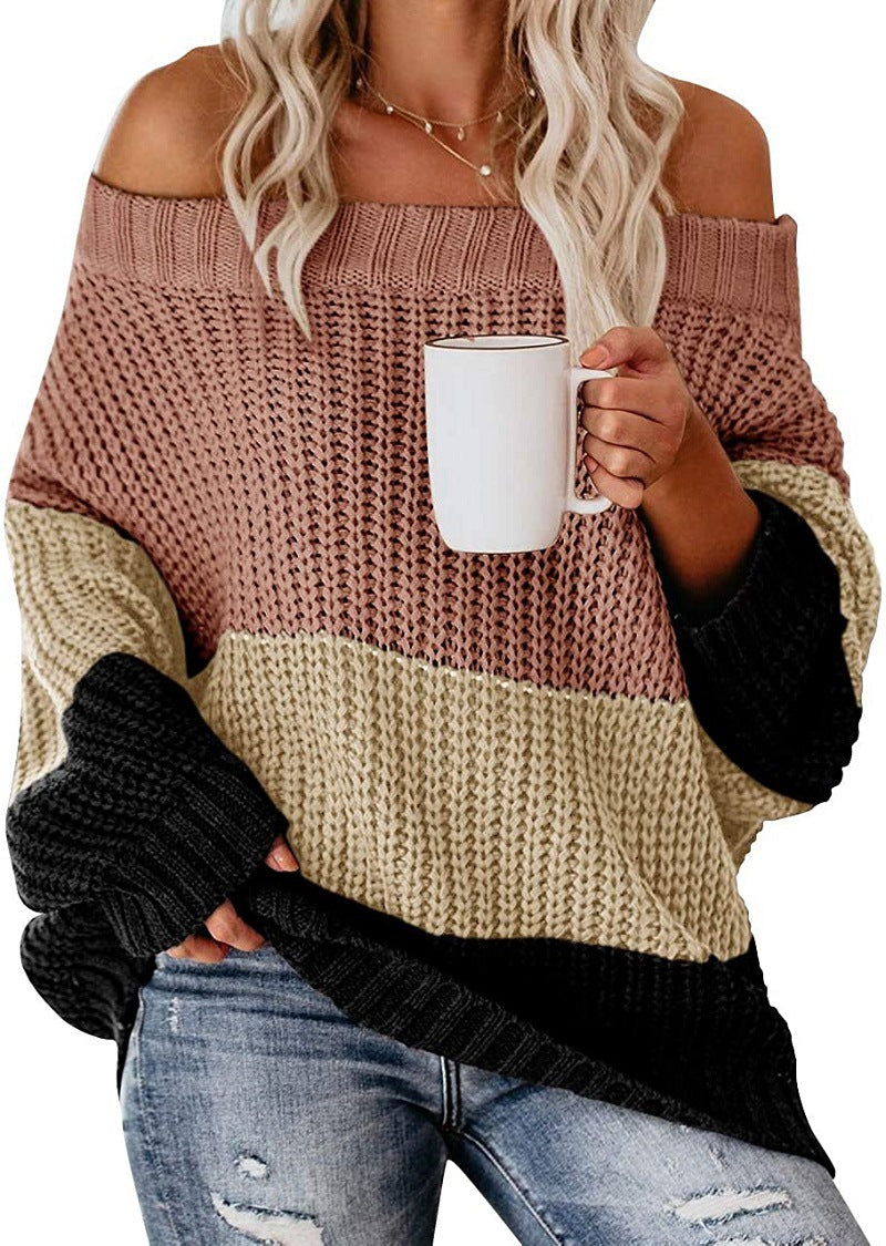 Casual chunky knit sweater for women with off-shoulder design and decorative color combination Lune London