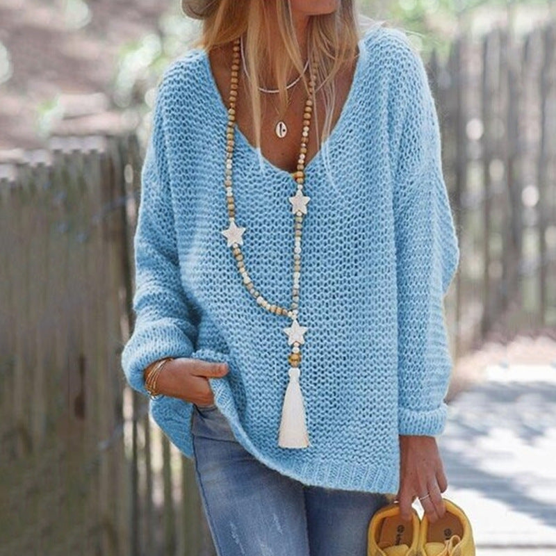 Women Thick Knit Sweater with Wide V Neck and Relaxed Fit Lune London