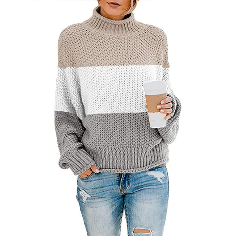 Trendy chic and style women's knitted sweater with high collar and color block design