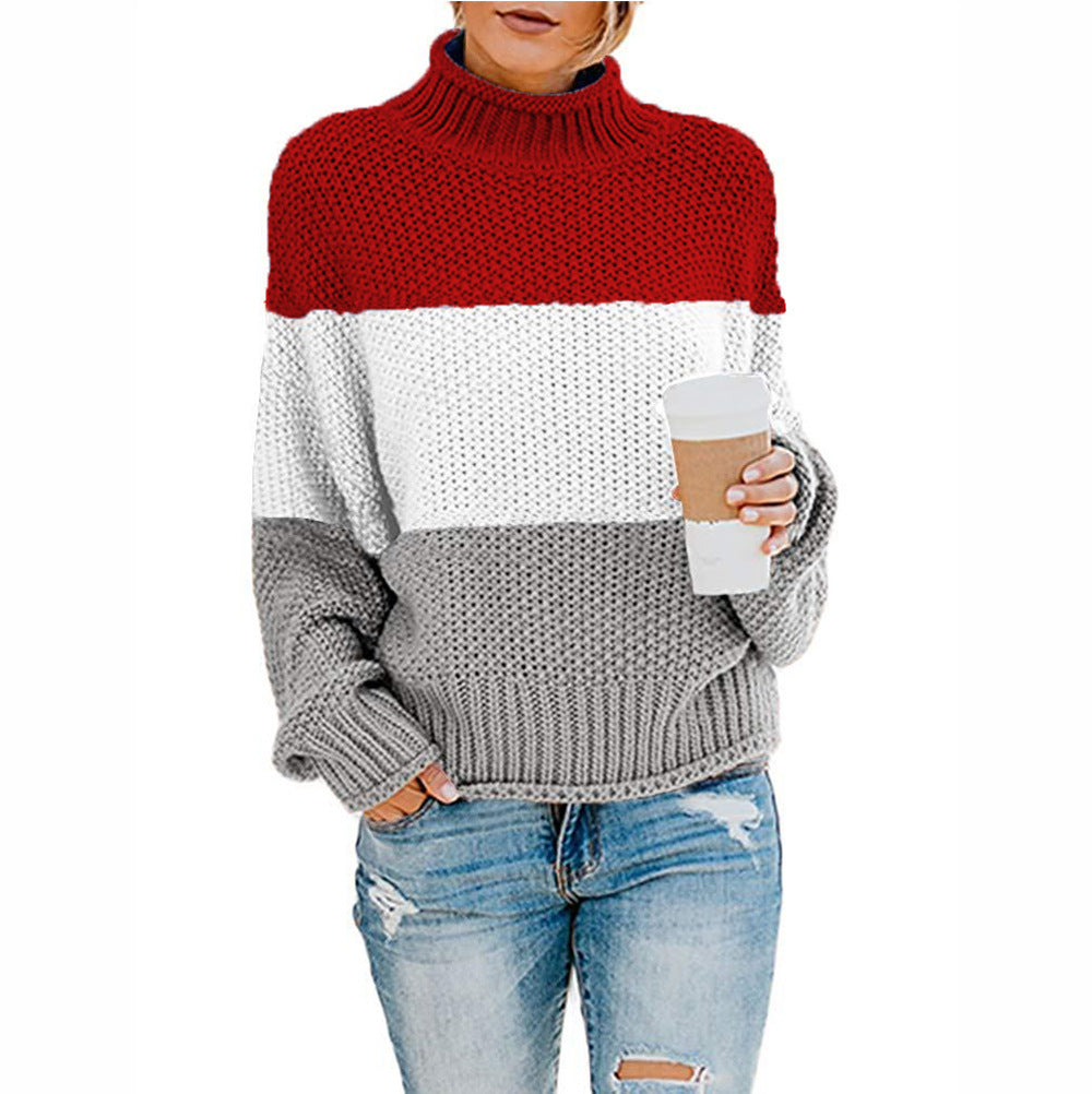 Trendy chic and style women's knitted sweater with high collar and color block design