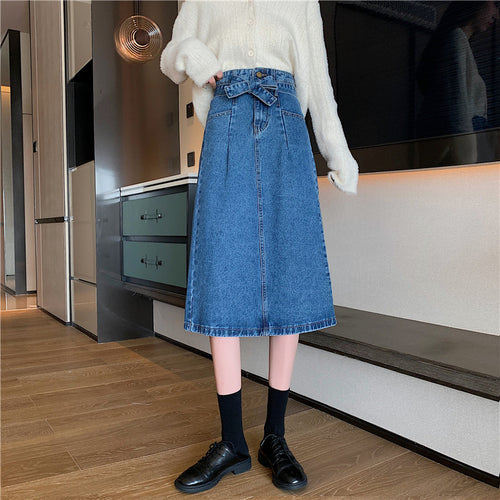 Jupe midi en denim pour femmes avec ceinture amovible Chic & Stil