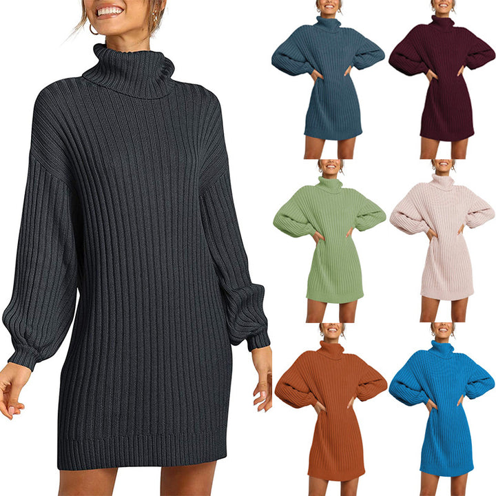Chunky knit dress for women with high collar and dropped shoulders Lune London