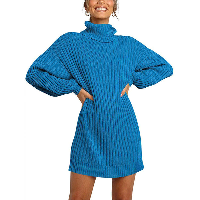Chunky knit dress for women with high collar and dropped shoulders Lune London