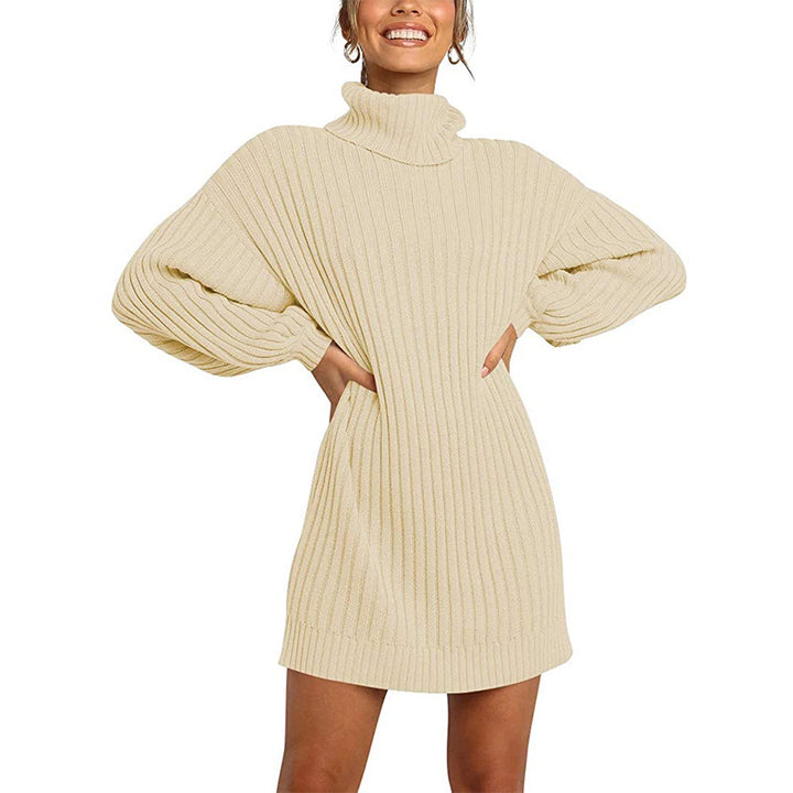 Chunky knit dress for women with high collar and dropped shoulders Lune London