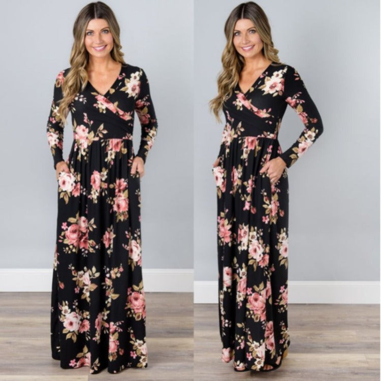Robe maxi pour femmes avec design floral enroulé et manches longues Chic & Stil
