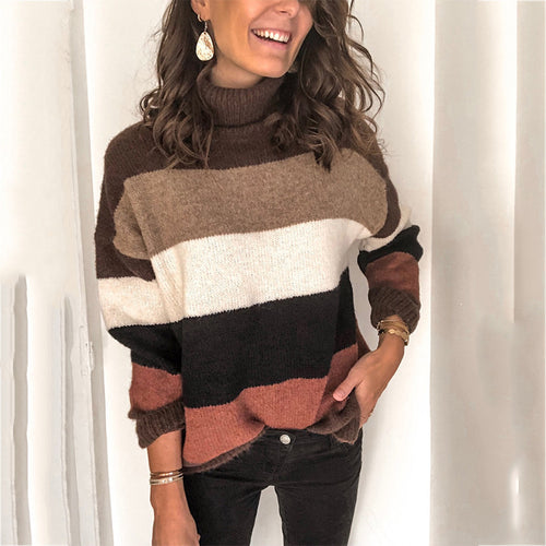 Ladies thick knit sweater with high collar and striped design Lune London