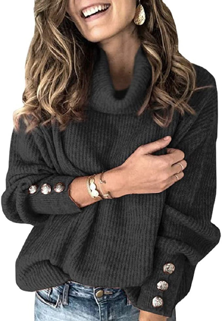 Chunky knit sweater for women with high collar and decorative button details Lune London