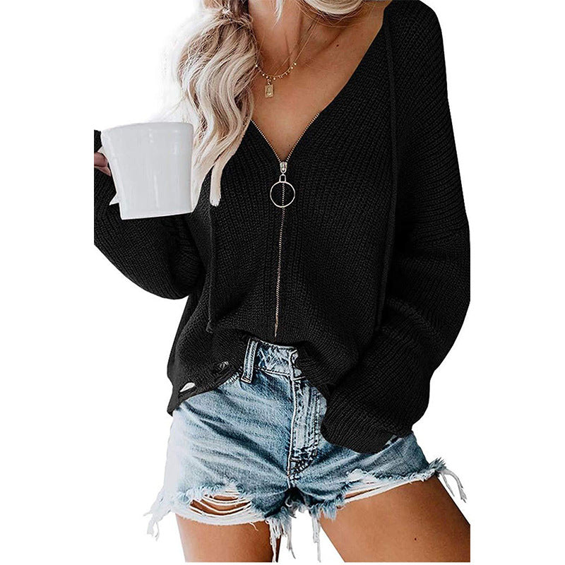 Knit V-neck sweater for women with full zip and relaxed fit Lune London