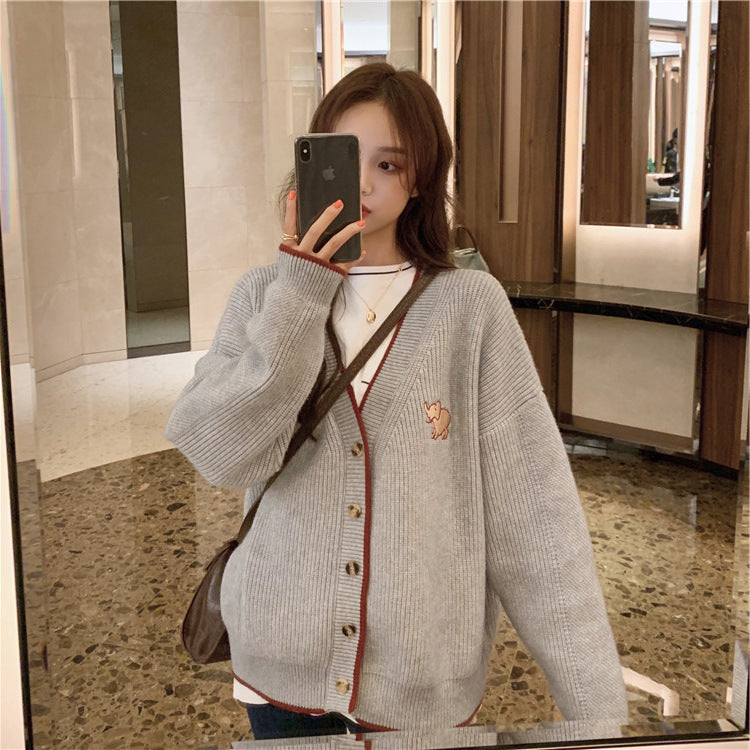 Ladies Chunky Knit Cardigan with French Buttons and Elegant Animal Application Lune London