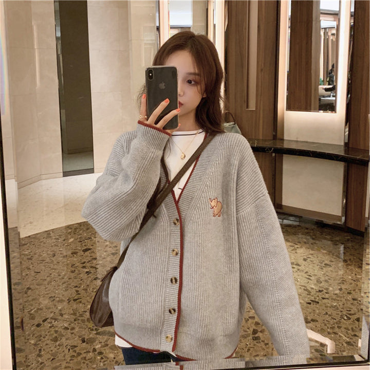 Ladies Chunky Knit Cardigan with French Buttons and Elegant Animal Application Lune London