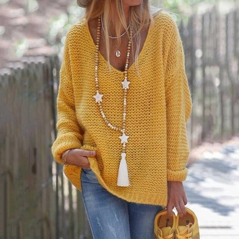 Women Thick Knit Sweater with Wide V Neck and Relaxed Fit Lune London