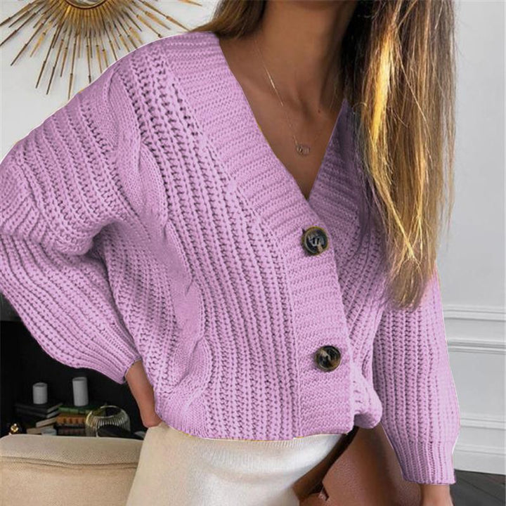 Chunky knit cardigan for women with deep V-neck and button details Lune London