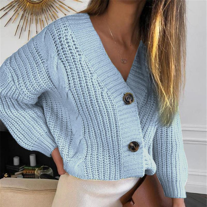 Chunky knit cardigan for women with deep V-neck and button details Lune London
