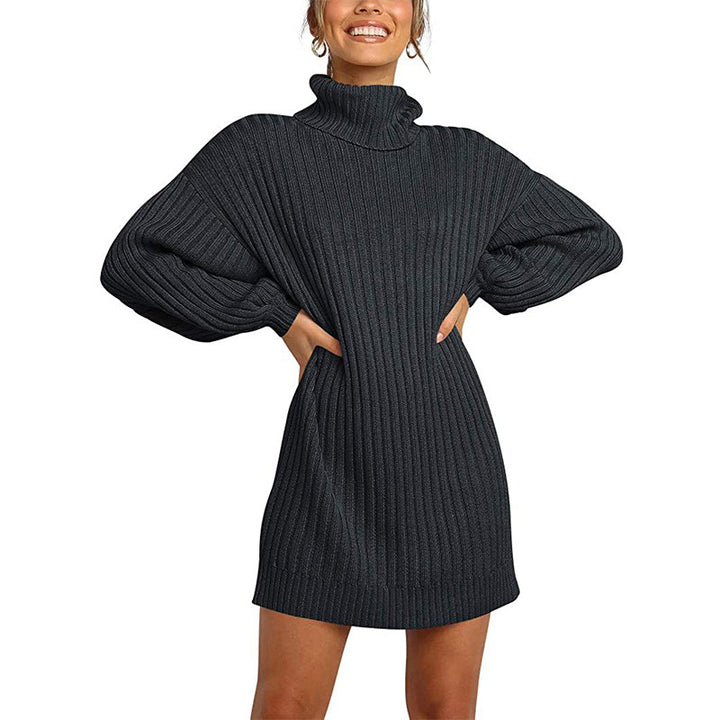 Chunky knit dress for women with high collar and dropped shoulders Lune London