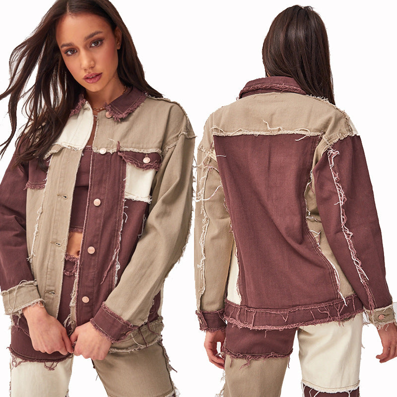 Fashionable women’s patchwork denim jacket with frayed details Lune London