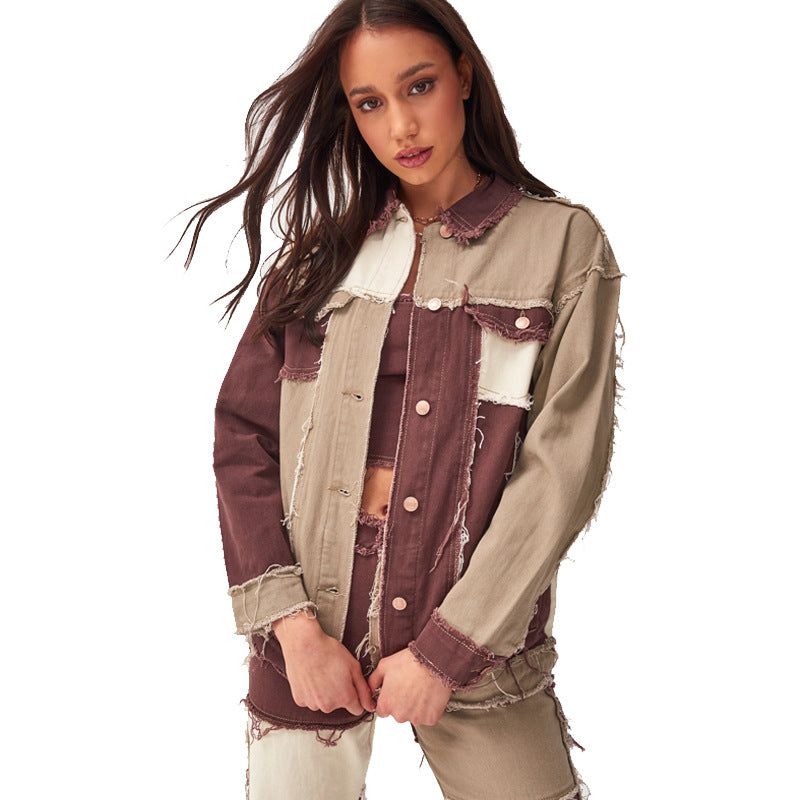 Fashionable women’s patchwork denim jacket with frayed details Lune London
