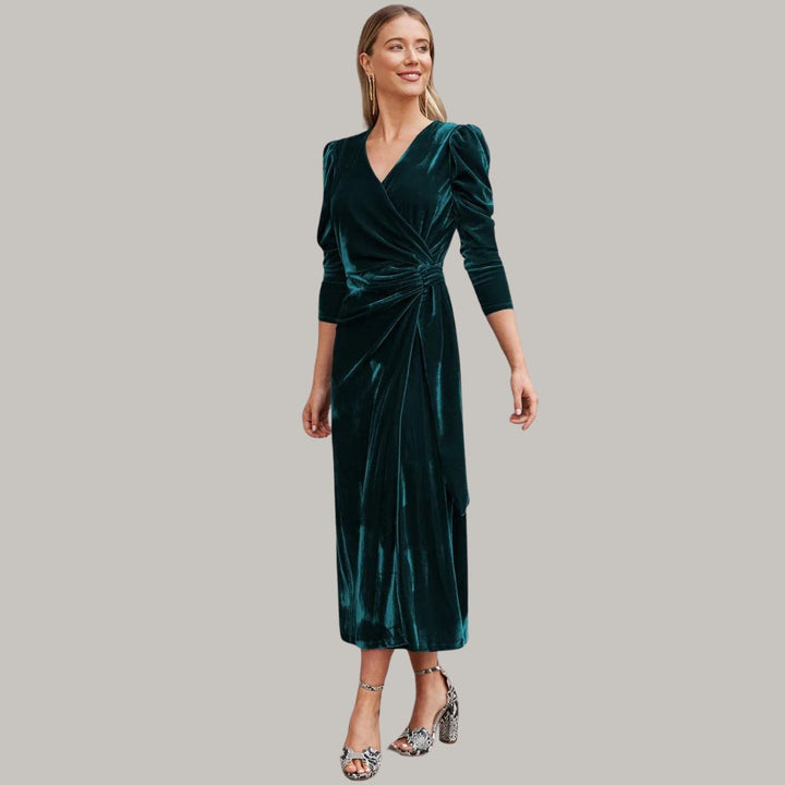 Lune London | Midi wrap dress in velvet with puff sleeves