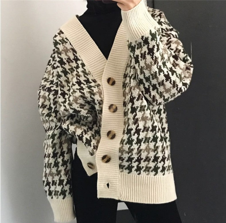 Modern cable knit women's sweater jacket with wooden buttons Lune London