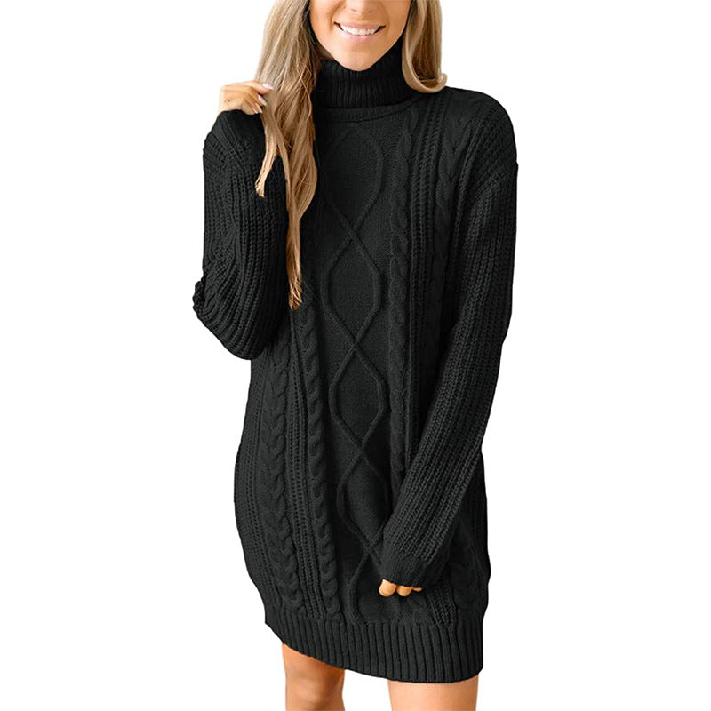 Thick knit sweater dress for women with a beautiful cable pattern and a high collar Lune London