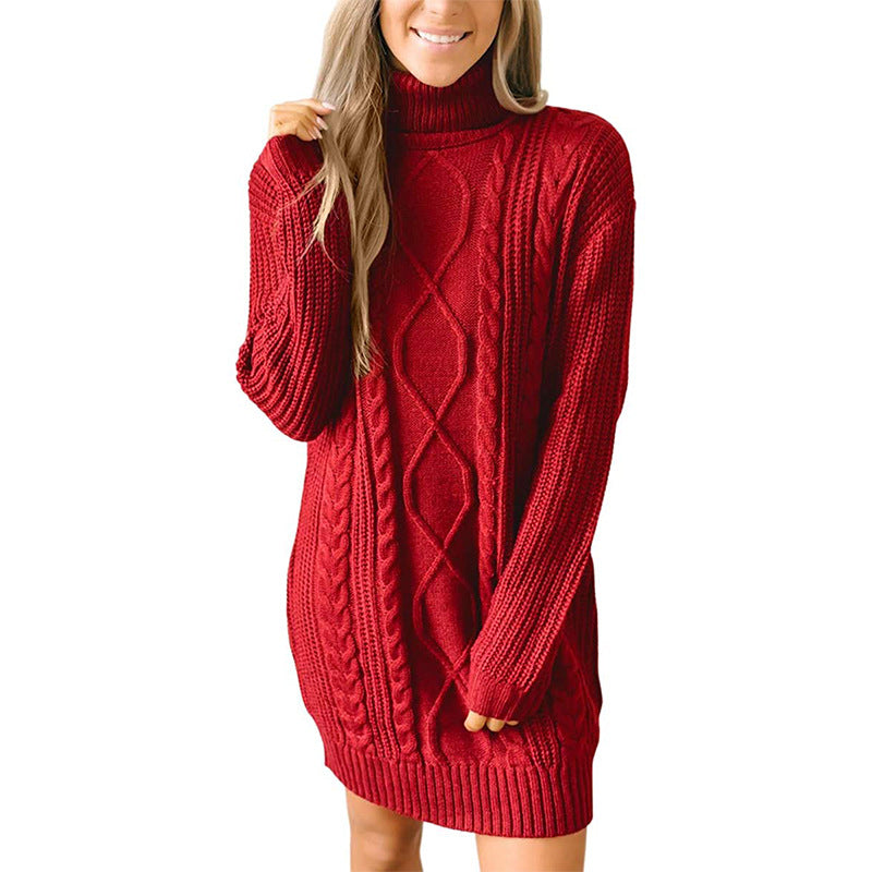 Thick knit sweater dress for women with a beautiful cable pattern and a high collar Lune London