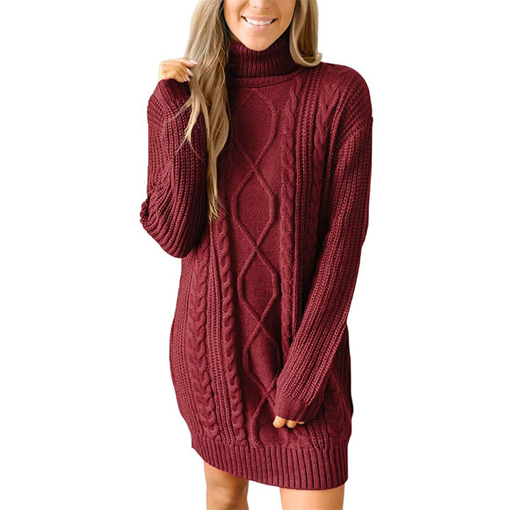 Thick knit sweater dress for women with a beautiful cable pattern and a high collar Lune London