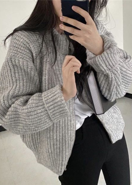 Lune London | Zipper Chunky Knit Cardigan - Oversized Ribbed Jacket