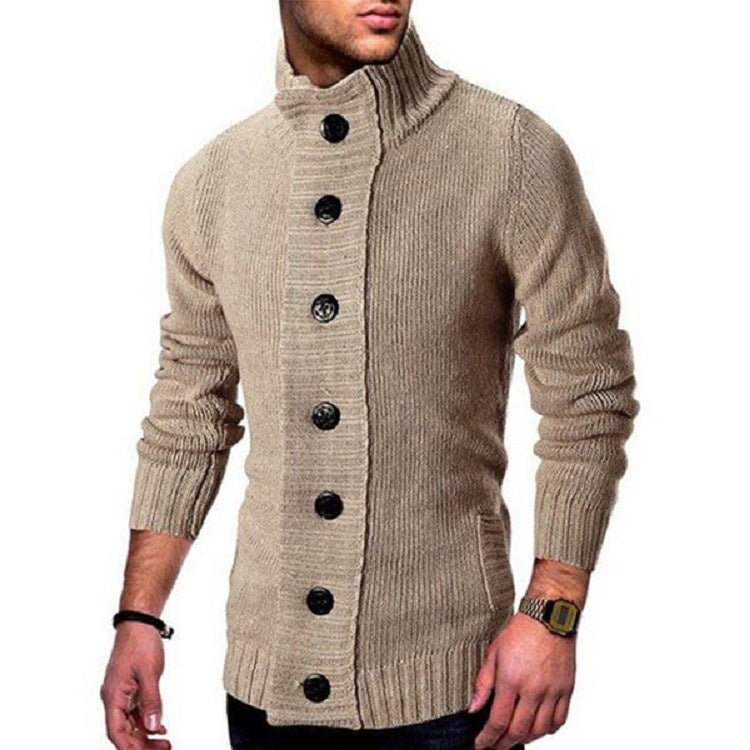 Men's knitted jacket with high collar and decorative button details Lune London