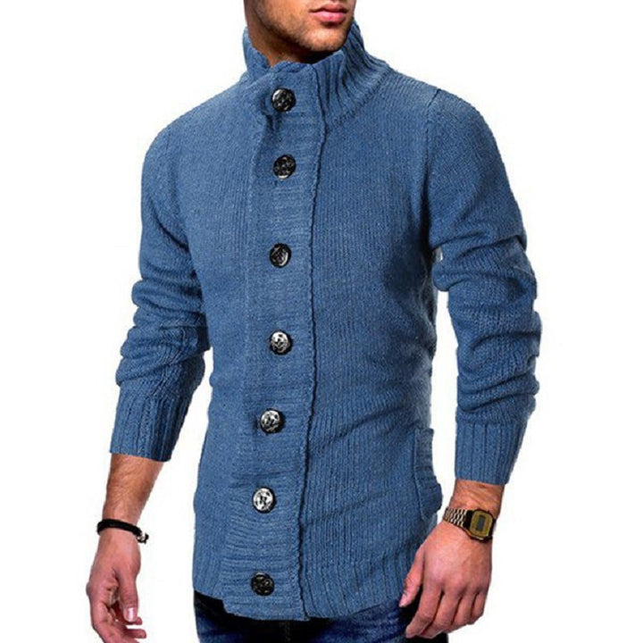 Men's knitted jacket with high collar and decorative button details Lune London