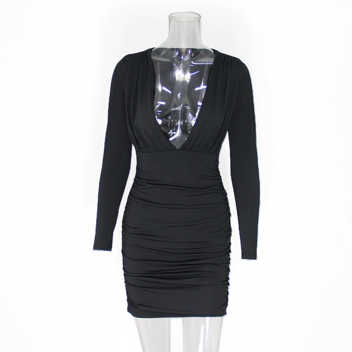 Women fitted evening dress with deep V-neck and long sleeves Lune London