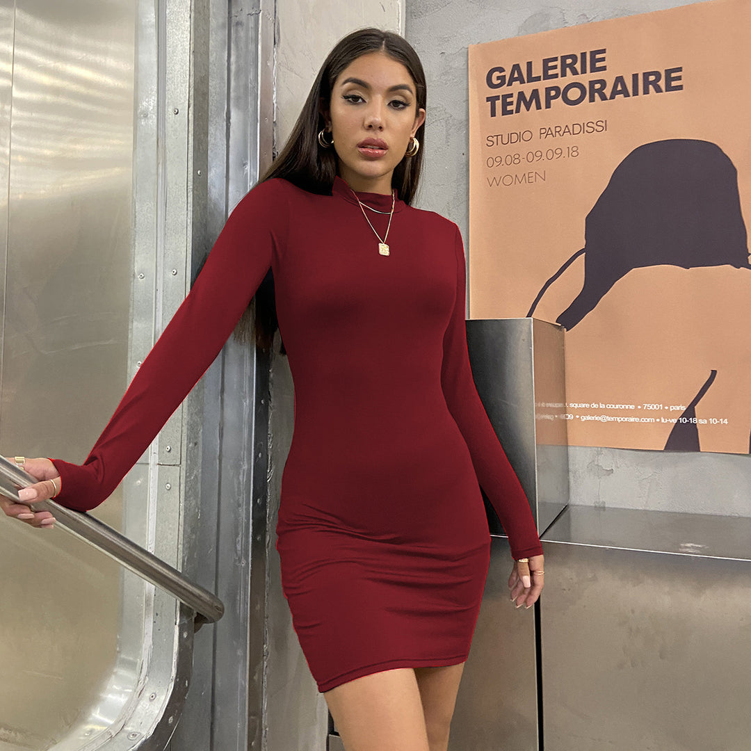 Women Fitted Long Sleeve Dress with High Collar Lune London