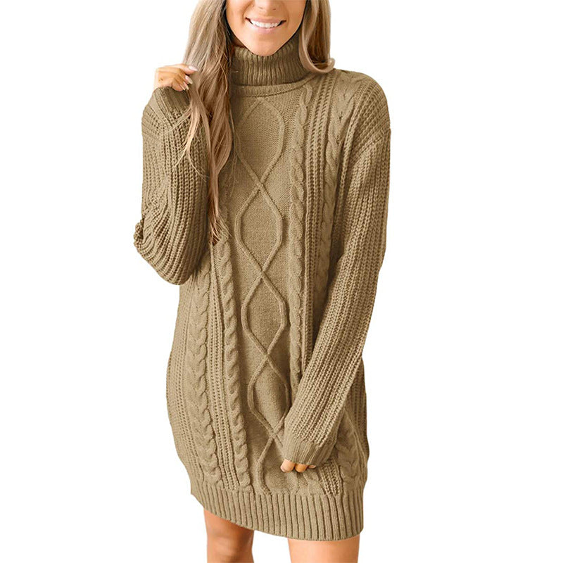 Thick knit sweater dress for women with a beautiful cable pattern and a high collar Lune London