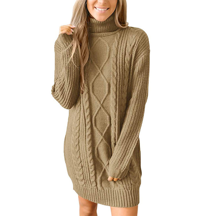 Thick knit sweater dress for women with a beautiful cable pattern and a high collar Lune London