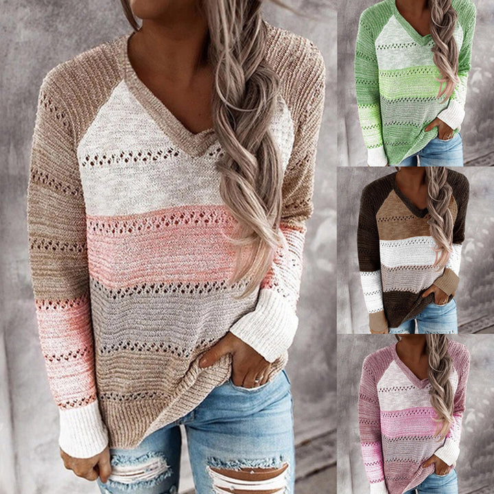 Knitted sweater for ladies with V-neck and delicate openwork patterns Lune London