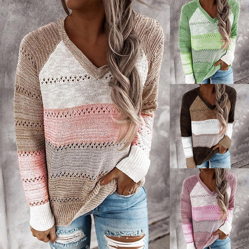 Knitted sweater for ladies with V-neck and delicate openwork patterns Lune London