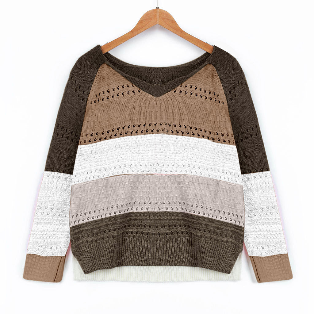Knitted sweater for ladies with V-neck and delicate openwork patterns Lune London