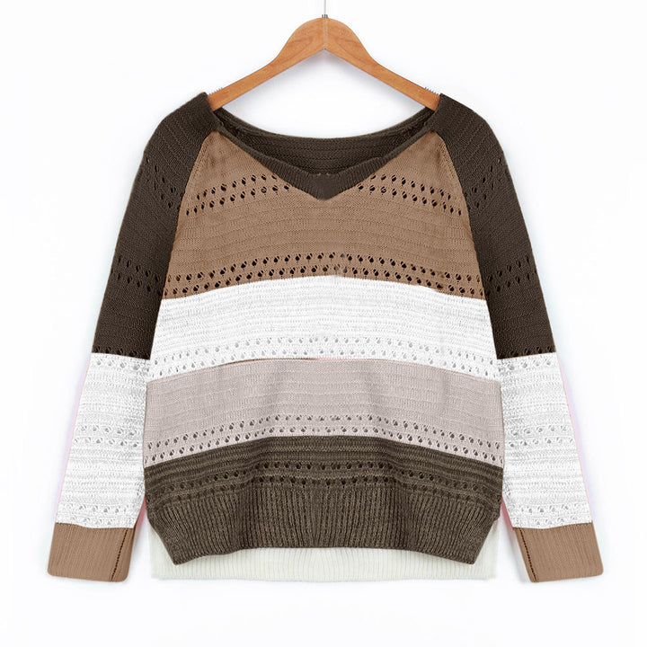 Knitted sweater for ladies with V-neck and delicate openwork patterns Lune London