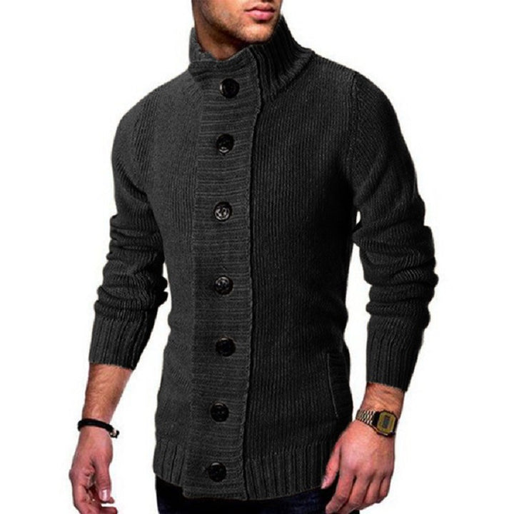 Men's knitted jacket with high collar and decorative button details Lune London