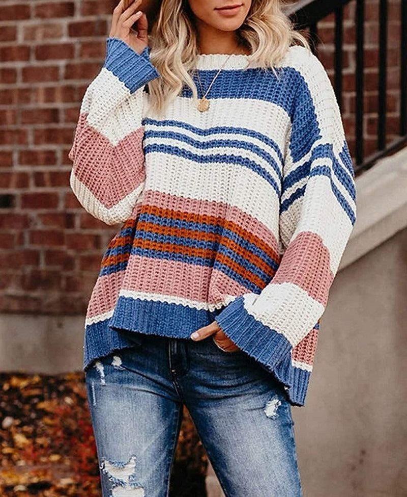 Ladies chunky knit sweater with versatile striped pattern Lune London