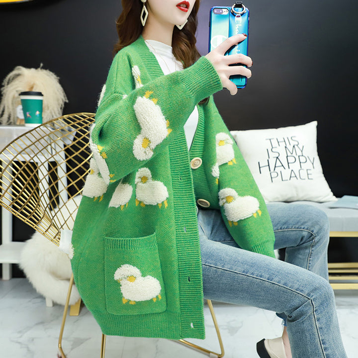 Cardigan femme avec motif de mouton ludique et grands boutons Chic & Stil