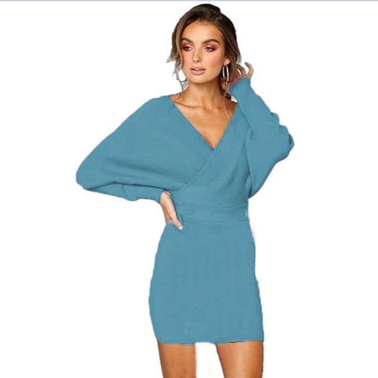 Knit dress for women with deep V-neck and oversized sleeves Lune London