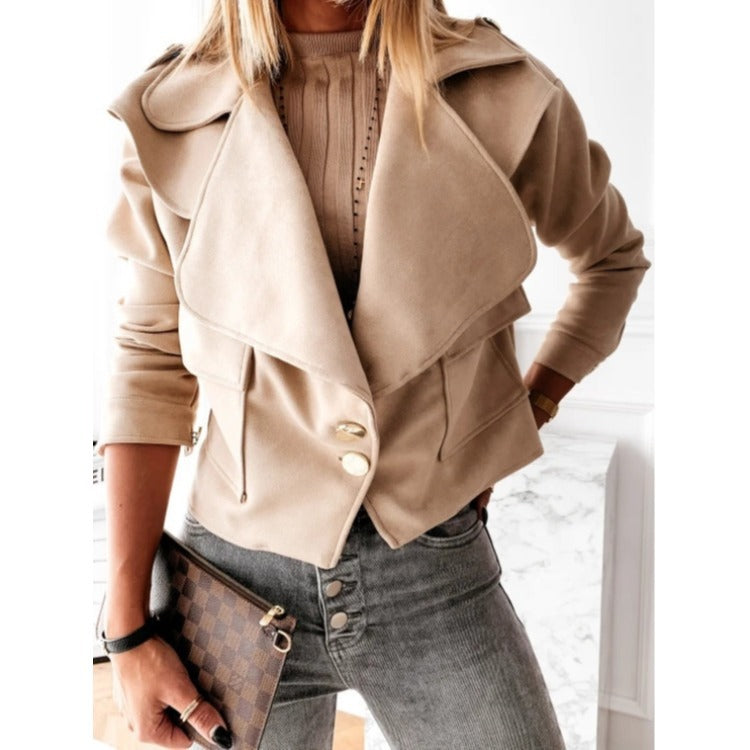 Ladies Elegant Suede Jacket with Asymmetrical Collar and Chic Decorative Button Details and Style