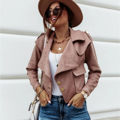 Ladies Elegant Suede Jacket with Asymmetrical Collar and Chic Decorative Button Details and Style