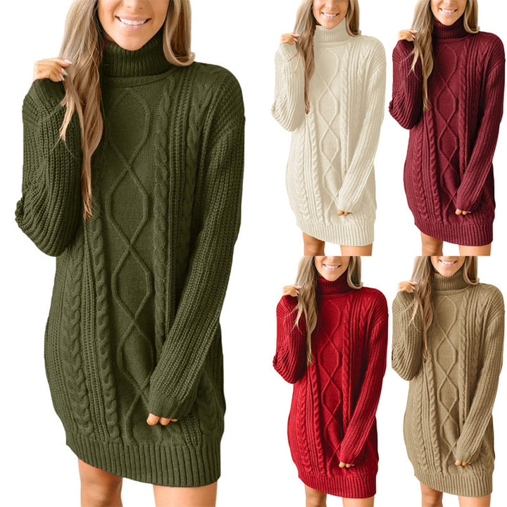 Thick knit sweater dress for women with a beautiful cable pattern and a high collar Lune London