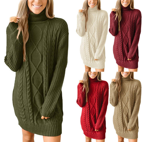 Thick knit sweater dress for women with a beautiful cable pattern and a high collar Lune London