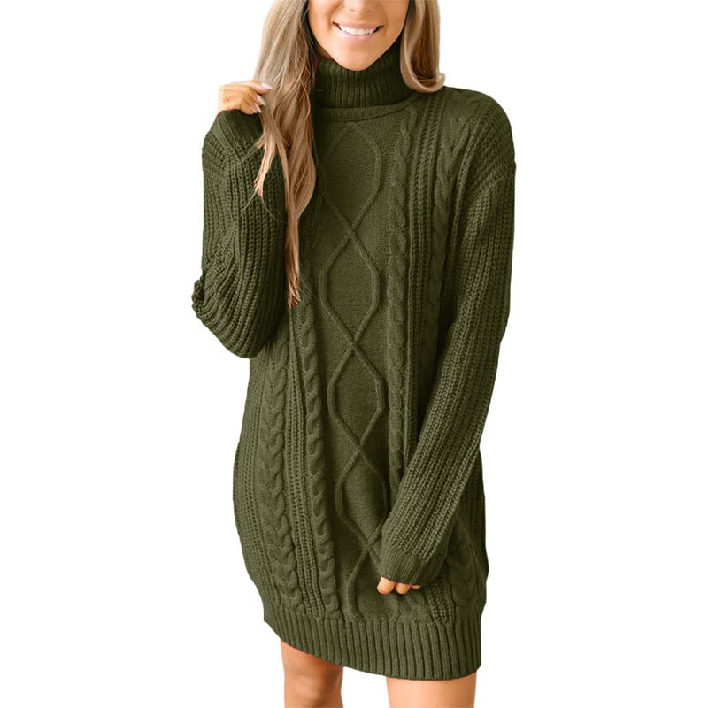 Thick knit sweater dress for women with a beautiful cable pattern and a high collar Lune London