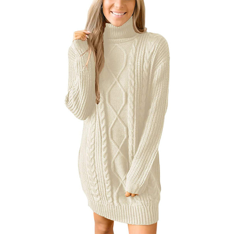 Thick knit sweater dress for women with a beautiful cable pattern and a high collar Lune London