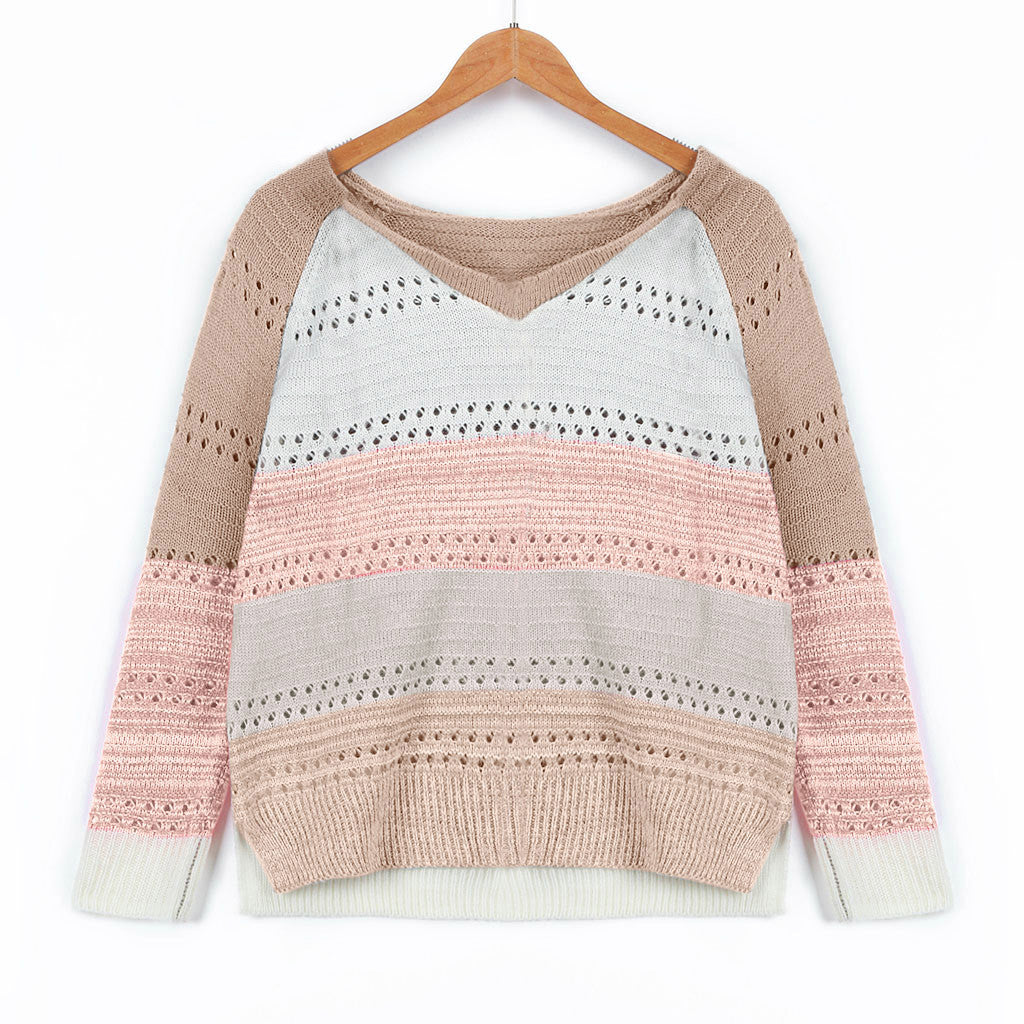 Knitted sweater for ladies with V-neck and delicate openwork patterns Lune London