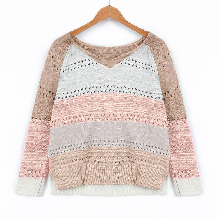 Knitted sweater for ladies with V-neck and delicate openwork patterns Lune London