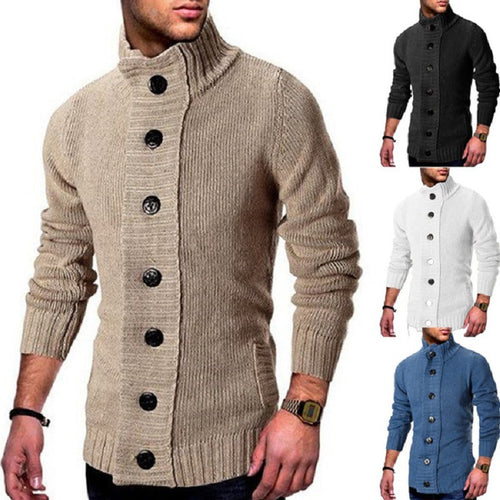 Men's knitted jacket with high collar and decorative button details Lune London