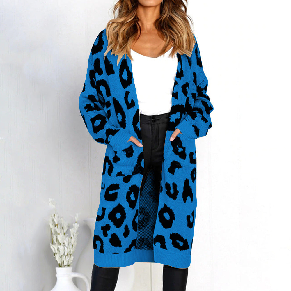 Ladies Grobtricot Cardigan with leopard pattern and big pockets Lune London